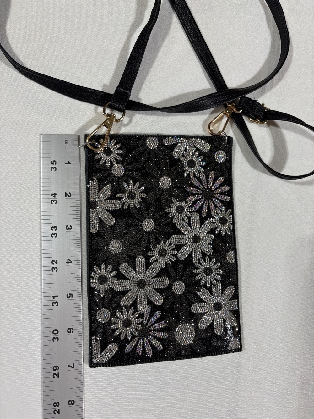 Black Floral Crystal Crossbody Leather Pouch 5” x 7”  New! - Picture 9 of 12